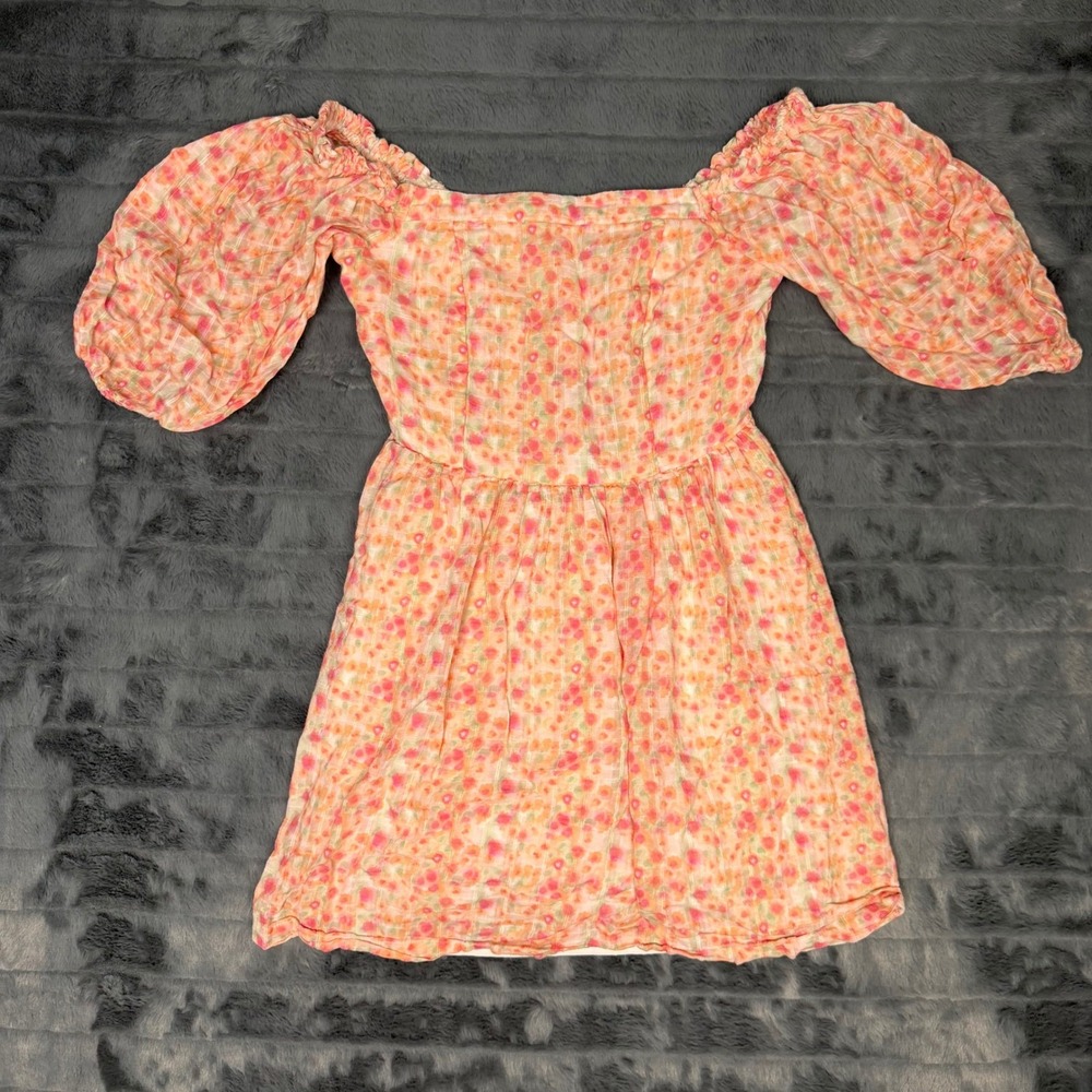 American Eagle Floral Plaid Mini Dress Womens XS Orange Pink Puff Sleeve Cutout